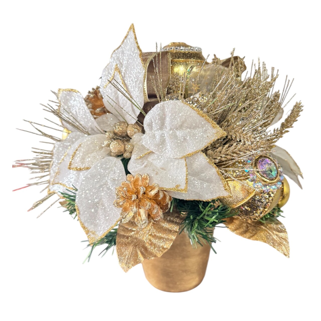 White Gold Poinsettia Arrangement Centerpiece - Handcrafted Christmas Decorations - Holiday Tree